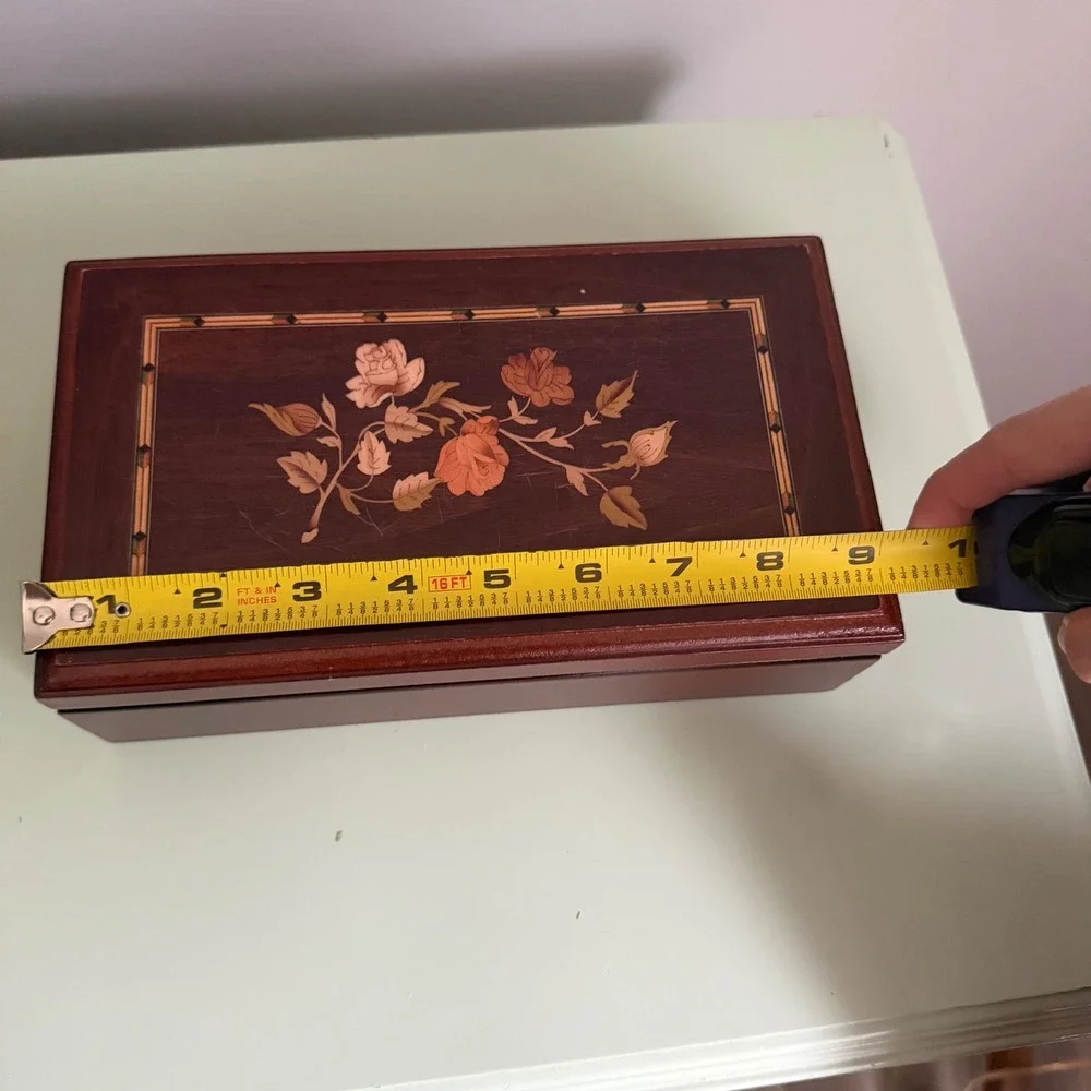 Wooden Floral Jewelry Box Mirror Ring Organizer Mahogany Finish Cottagecore